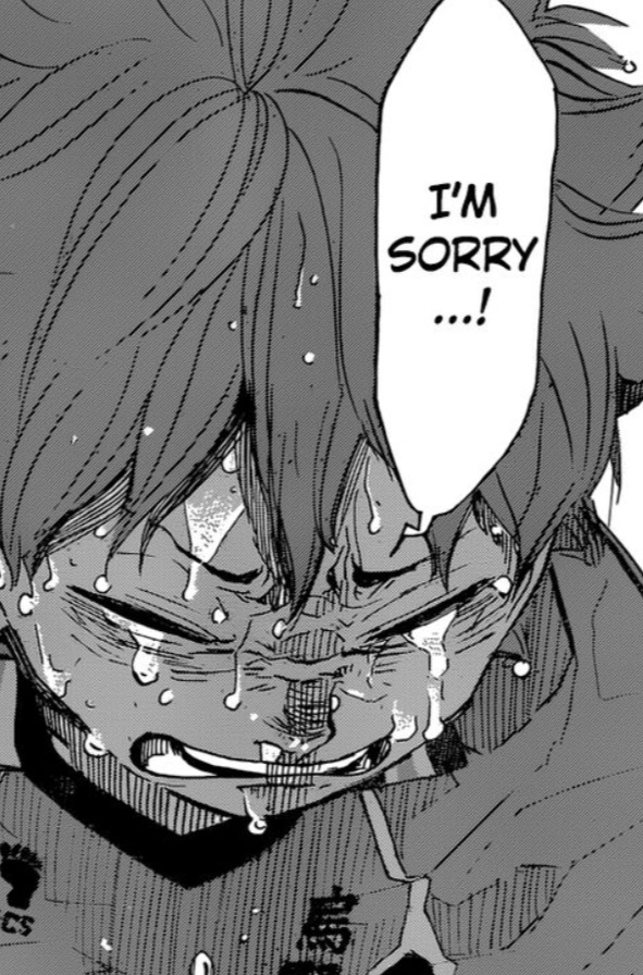 Hinata crying, drenched in sweat and saying "I'm sorry...!"