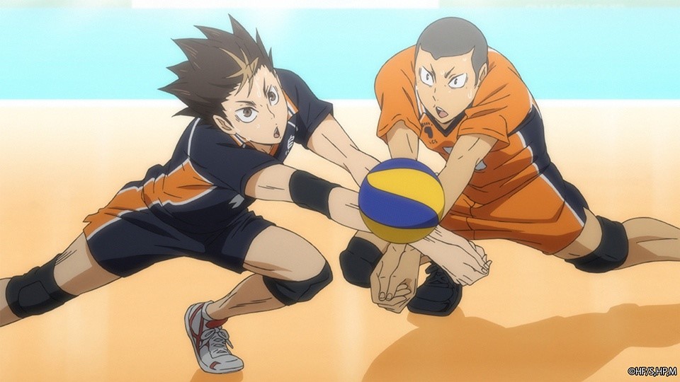 Tanaka aiming to receive a ball spiked into their court, only for Nishinoya to receive the spike right before Tanaka can