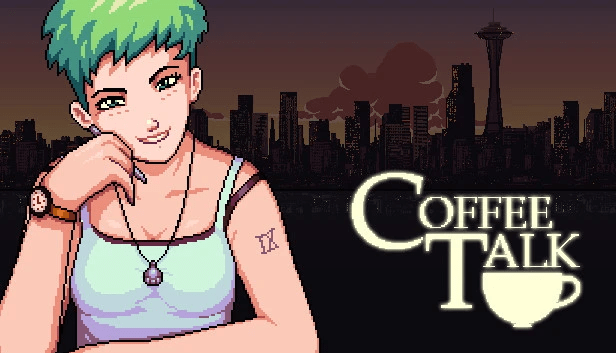 Photo of green-haired fairy character with a logo of Coffee Talk next to her.