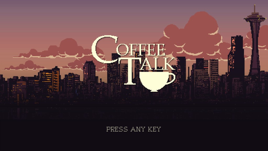 Home screen photo of the Coffee Talk logo in front of a pixelated, artistic Chicago city skyline. 