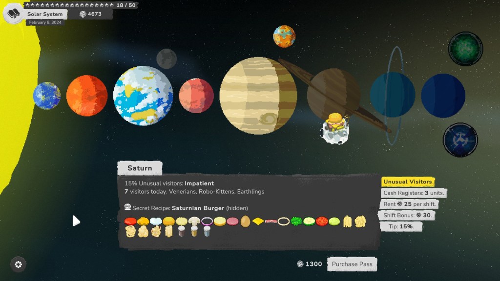 An in-game screenshot of the universe displaying where the player can go to open their burger joint.