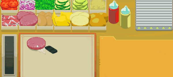 An in-game Galaxy Burger gif frying foods and compiling a complex burger.
