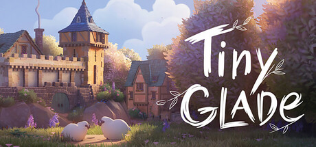 Tiny Glade logo next to an in-game image of a castle, landscape and sheep