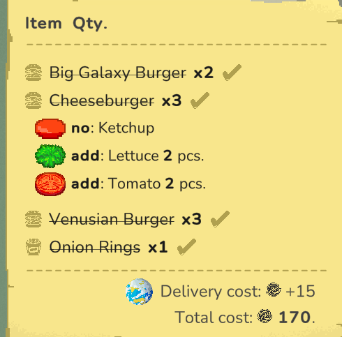 In-game Galaxy Burger screenshot of a customer's order showing 2x 'Big Galaxy Burgers', 3x 'Cheeseburgers', 3x 'Venusian Burgers' and 1x Onion Rings.
