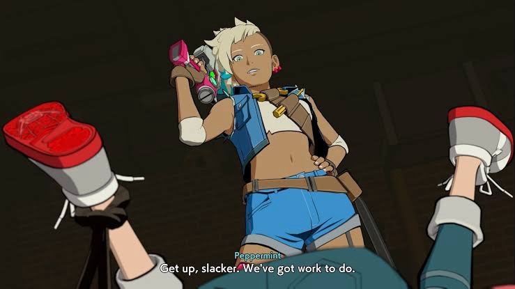 A character named Peppermint from Hi-Fi Rush talking to the main character