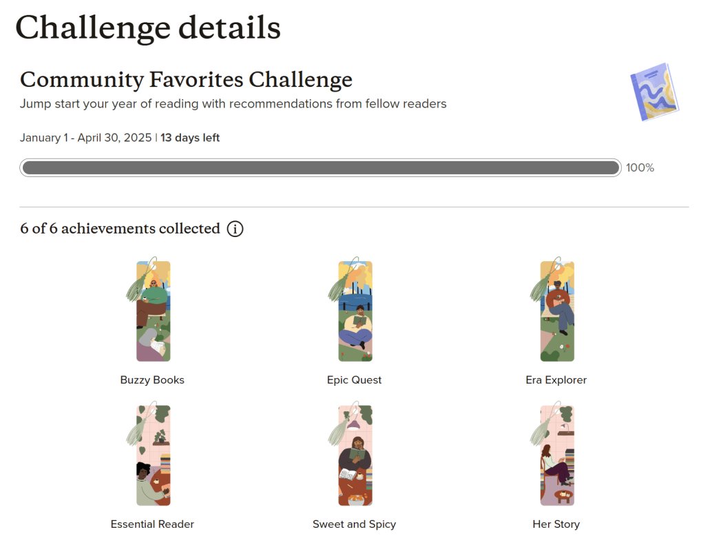 goodreads.com community favourites challenges that include 6 bookmark awards for completing each challenge. The challenges are listed as Buzzy Books, Epic Quest, Era Explorer, Essential REader, Sweet and Spicy and Her Story.