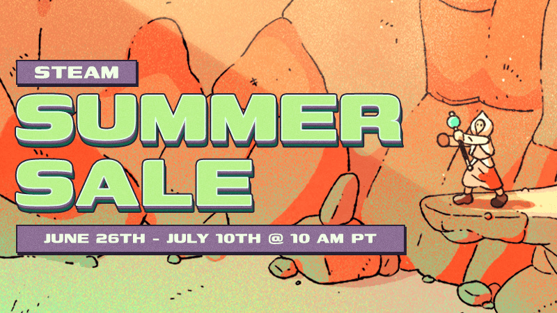 A colourful image showcasing the Steam Summer Sale and the date of the sale (June 26th to July 10th).