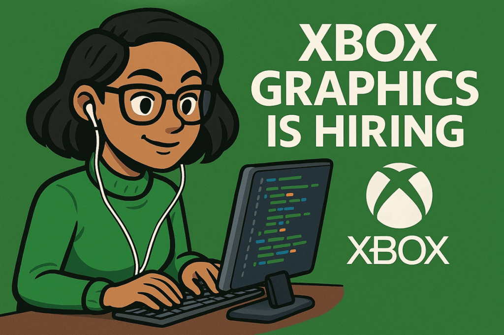 An AI-generated image of a woman sitting at a computer with a backwards monitor. The text reads, "Xbox Graphics is Hiring"