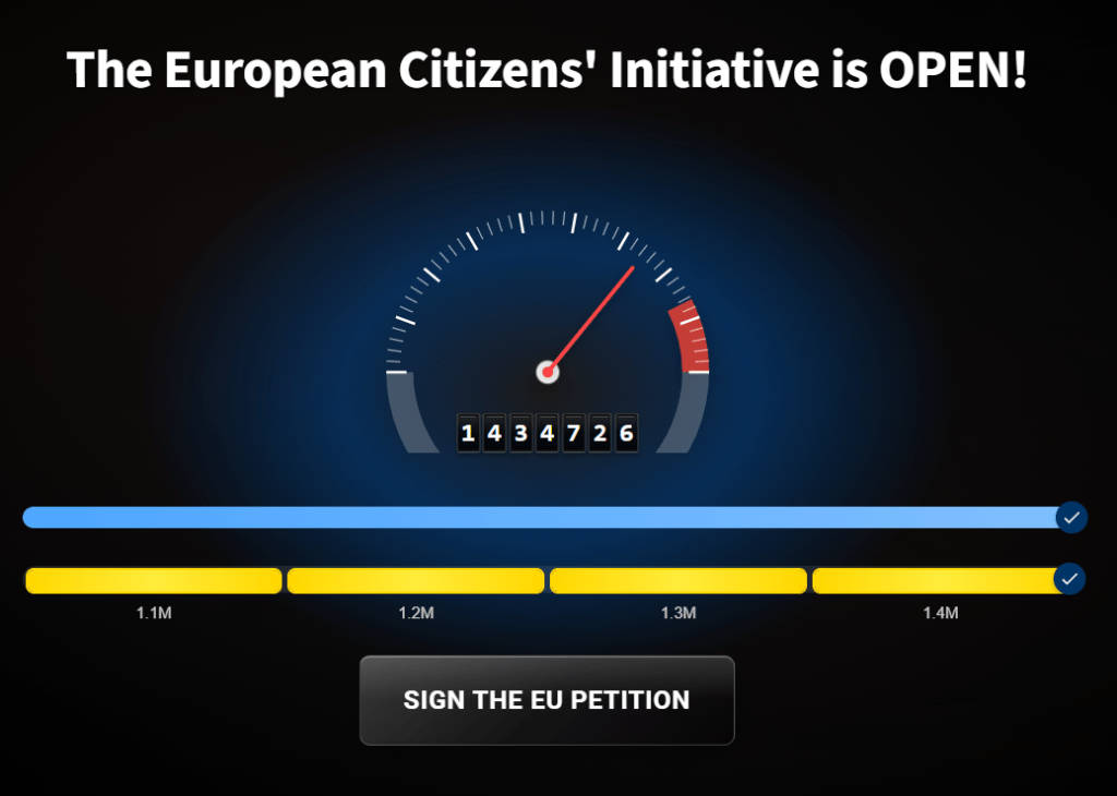 Screenshot from SKG's website of the total number of signatures sitting at 1,434,726 for the European Citizens' Initiative