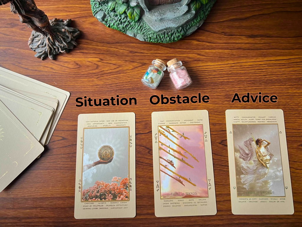 Three tarot cards side by side with each titled "situation, obstacle, advice."
